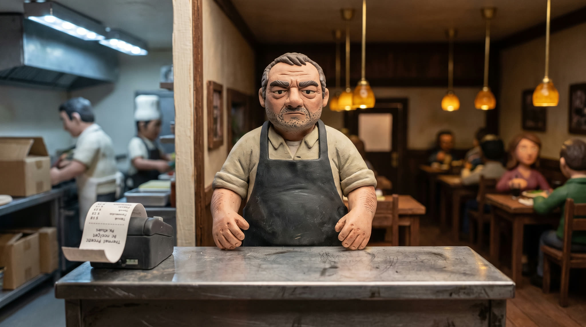 A miniature clay restaurant: the owner stands at the pass, kitchen behind him on one side, a full dining room on the other.